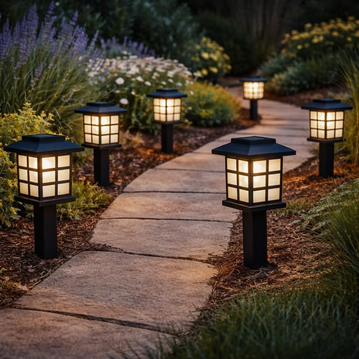 Set of 6 black solar LED lanterns with oriental…